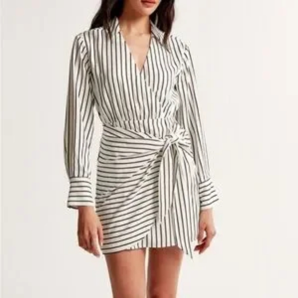​Abercrombie & Fitch Striped Faux Wrap Dress - XL Black/White Collared